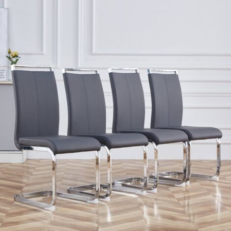 Chaise-cantilever-metal-chrome-résiste-120kg-rembourrage-similicuir-gris-42x54x100(cm)-Lot-4 (1/5)