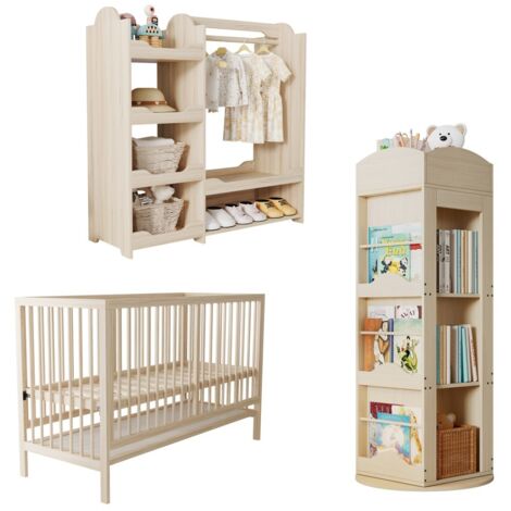 Chambre d'enfant complète-Lit bébé Sans matelas-Armoire-Bibliothèque rotative-Meuble multifonctionnel bois naturel-140x60x90(cm)