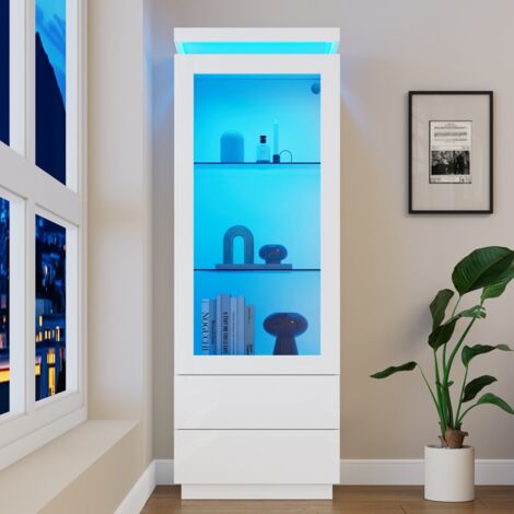 Vitrine-Armoire Haute Verre Laqué LED-2 Tiroirs-Porte Abattante-Étagère sur Pied-Buffet Vitré Salon-Blanc-60x40x171(cm)
