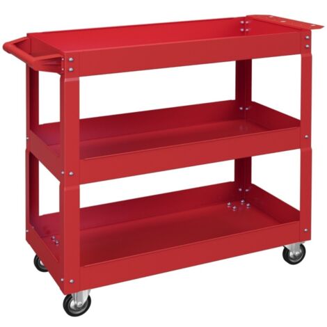 Servante d'atelier robuste à 3 plateaux-avec 4 roulettes-Acier peint rouge-83x35,3x76(cm) (1/5)