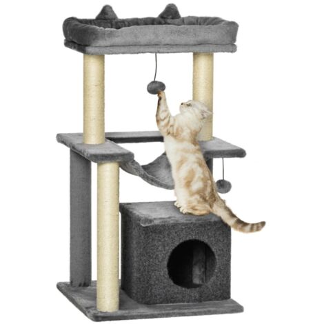 Arbre à chat sisal gris peluche avec hamac, grotte, plateformes et griffoir d'activité. Aire de jeux complète pour chat 48x48x90cm (1/5)