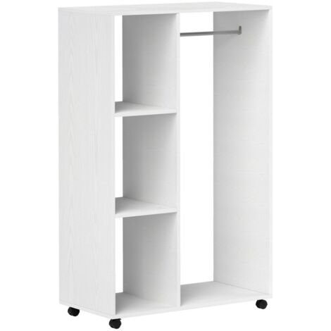 Armoire mobile blanche 80x40x128 cm avec 1 tringle & 3 étagères, idéale rangement pour entrée ou chambre, roulante (1/5)