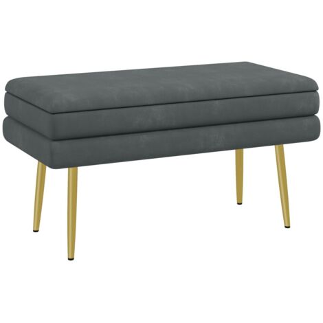 Banc de rangement capitonné gris velours - Pieds acier - Salon & chambre - 79,5x37,5x43 cm - Rangement & assise (1/5)