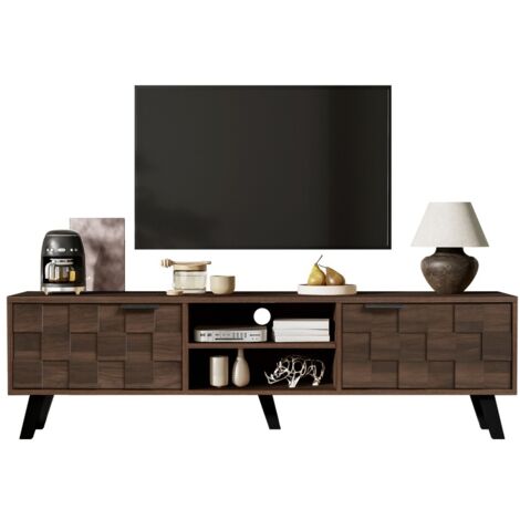 Meuble TV moderne 2 portes-2 niches ouvertes-bois foncé-design épuré-160,5x35,5x45cm (1/5)
