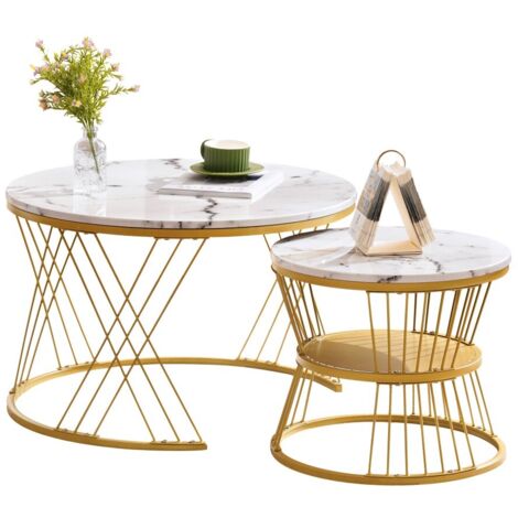 Table basse gigogne 2 pièces blanc brillant et doré-placage effet marbre-MDF-métal-70x70x45 et 45x45x40cm