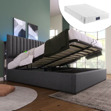 Ensemble sommier et matelas coffre rembourré-LED avec app-USB C-tête réglable-140,5x213x94-106cm (1/5)