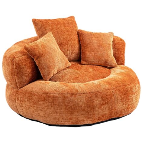 Pouf fauteuil dossier haut 3 coussins, confort durable intérieur/extérieur, pour adultes/enfants (chenille orange) 108x108x52cm