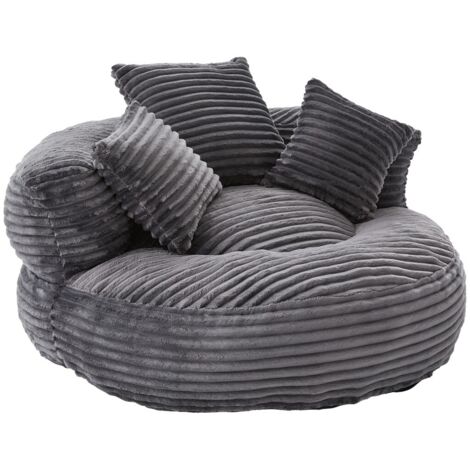 Pouf en velours côtelé à dossier haut et 3 coussins - Confortable et inclinable, pour adultes et enfants, idéal fauteuil de jeu 108x108x52cm - Gris foncé