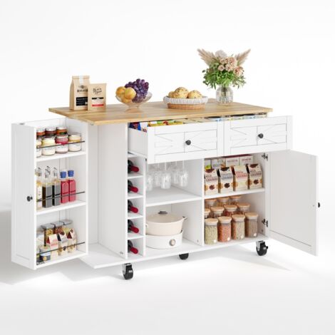Desserte cuisine îlot blanc 120 x 45(70) x 89 cm - Plan rabattable, 5 roulettes, étagère, casier à vin et porte-verres (1/5)