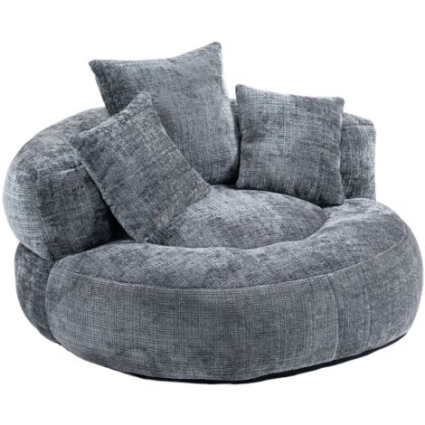 Pouf fauteuil dossier haut 3 coussins, confort durable intérieur/extérieur, pour adultes/enfants (chenille grise) 108x108x52cm