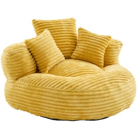 Pouf en velours côtelé à dossier haut et 3 coussins - Confortable et inclinable, pour adultes et enfants, idéal fauteuil de jeu 108x108x52cm - Jaune moutarde