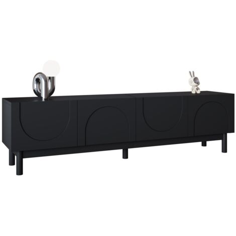 Meuble TV bas portes incurvées design vague, étagères et support TV inclinable, pieds stabilisateurs 169x34x45,5cm - Noir (1/5)
