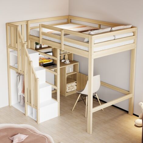 Lit mezzanine enfant 90x200 avec bureau, étagères, rangements, échelle sécurisée escamotable, structure bois massif - Bois naturel (sans Matelas)