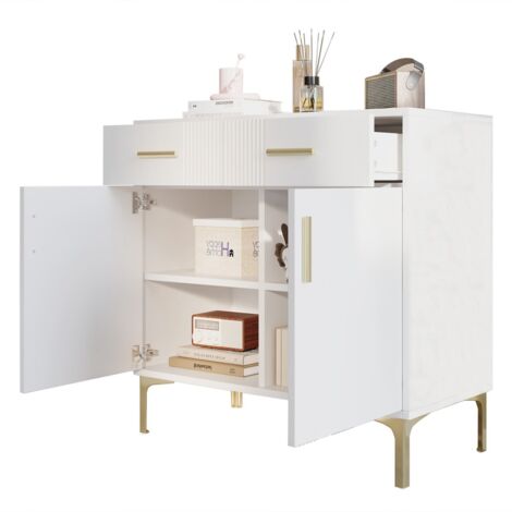 Buffet moderne 2 portes 2 tiroirs 80x35x79,5 cm - Meuble rangement salon/entrée/salle à manger avec pieds et poignées métal - Blanc (1/5)
