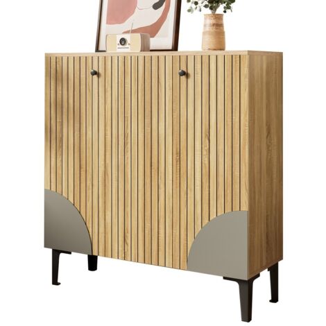 Meuble à chaussures moderne-3 portes avec étagère-Enfiloir en aspect bois clair-cadre noir-décoration grise-90x32x94cm (1/5)