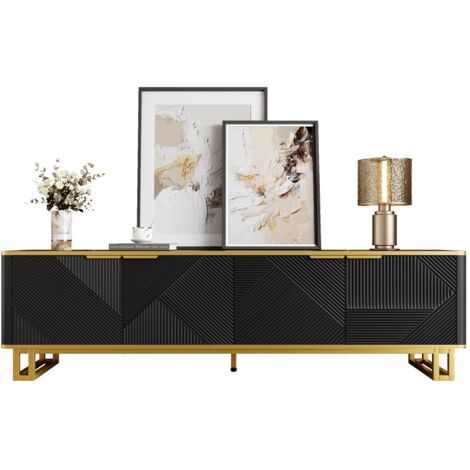 Meuble TV bas 4 portes Noir-Design géométrique-avec support-Panneau TV inclus-160x37,5x48cm (1/5)