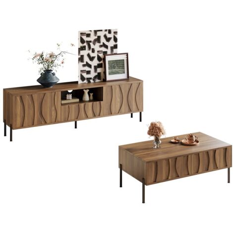 Ensemble de meubles de salon-bois massif-motif ondulé-rangement artisanal-105x55x41cm et 160x35x46cm (1/5)