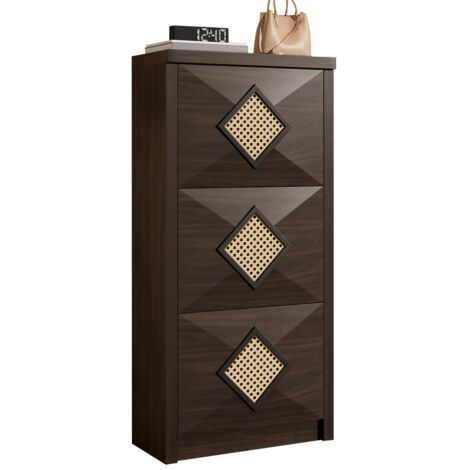 Meuble à chaussures vintage-Rotin-3 portes rabattables-Étagère imitation bois foncé-Entrée style campagne-54x25x115cm (1/5)
