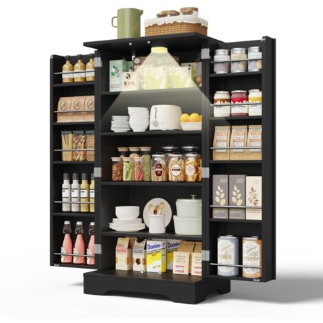 Meuble cuisine 60x40x120,5 cm noir, 2 portes, LED détecteur mouvement, rangement réglable idéal cuisine/salon/salle à manger (1/5)