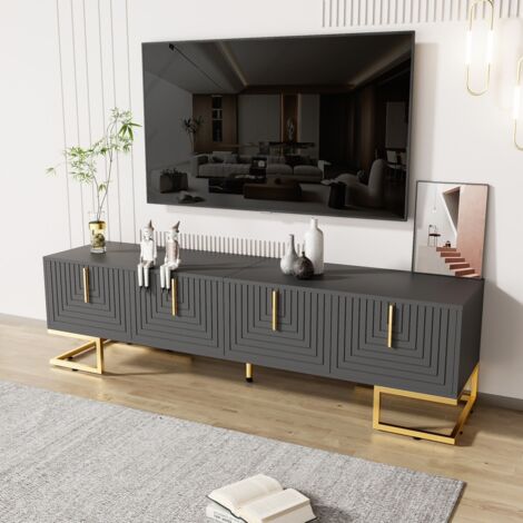 Meuble TV bas design avec porte texturée et finitions dorées - Poignées et pieds dorés, meuble salon élégant et moderne 170x40x45,5cm - Gris (1/5)