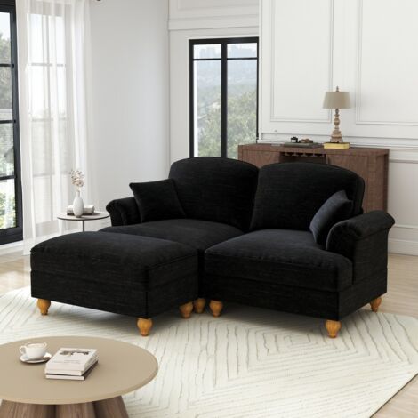 Canapé d'angle modulable 2 places noir style années 50 en chenille avec accoudoirs entonnoir et pouf amovible 194x140x93cm (1/5)