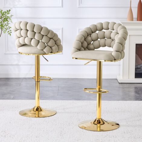 Tabourets de bar en velours gris dossier chaînette hauteur réglable plaqué or lot de 2 élégant îlot cuisine 45x52x112cm (1/5)