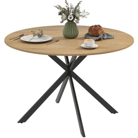Table de salle à manger ronde 4 personnes-style industriel-pieds acier-chêne-120x120x75cm (1/5)