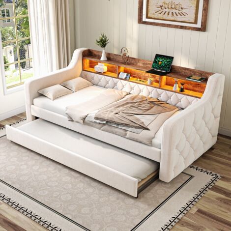 Canapé-lit 90x190cm velours beige avec rangement, LED, USB-C, sommier lattes, structure métal/bois idéal chambre d'amis (sans Matelas) (1/5)