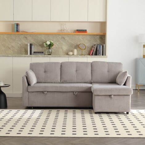 Canapé d'angle modulable en L avec méridienne, rangement intégré et lit gigogne, convertible multifonctionnel pour grand salon 206x108x66cm - Gris clair (1/5)