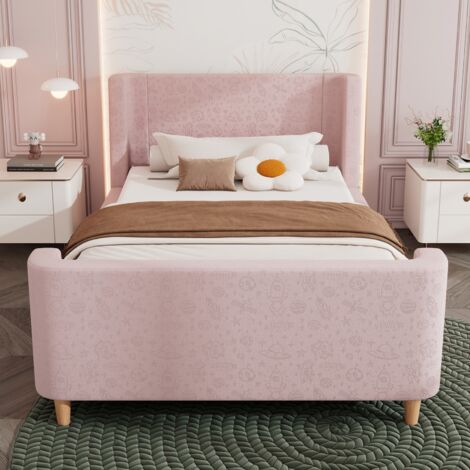 Lit enfant-Lit coffre rembourré-Traineau-Motif cosmos-Velours rose-99x212x76cm-Sans Matelas