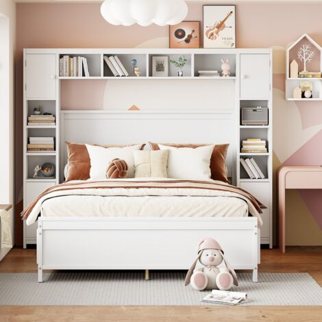 Lit-avec-rangement-4-tiroirs-grande-armoire-sommier-lattes-bois-massif-blanc-196x209x153,5cm-Sans Matelas (1/5)