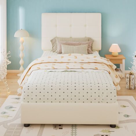 Lit simple-Lit enfant rembourré-Dossier tête de lit en biscuit-Bordure mousse anti-collision-94,5x206x101cm-Sans Matelas (1/5)