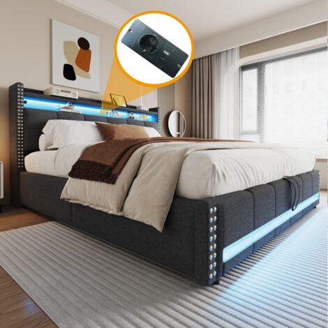 Lit double adulte capitonné 180x200 cm avec tête de lit, rangements, étagères, éclairage LED et prise USB - Tissu lin gris (sans Matelas) (1/5)