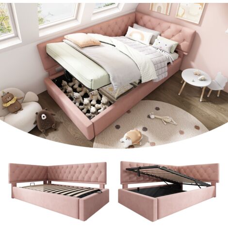 Canapé-lit capitonné 90x200cm avec rangement hydraulique - Méridienne enfant/ado en velours rose, structure bois (sans matelas) (1/5)