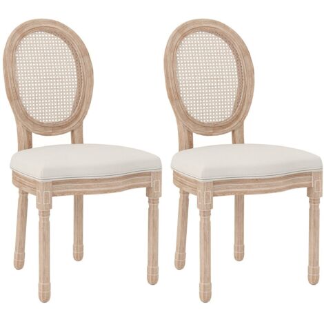 Chaise de salle à manger-Lot de 2-Dossier look lin et rotin-Pieds en bois-Couleur crème-48x57x96cm (1/5)