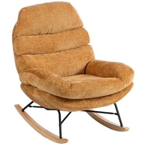 Rocking chair rembourrée tissu jaune-piètement acier robuste-patins en bois massif-80x103x91cm (1/5)