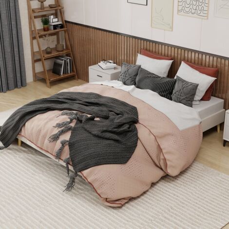 Lit double 160x200 cm minimaliste avec cadre en velours hollandais beige, sommier bas, style moderne. (Sans tête de lit, matelas ou vérin à gaz) (1/5)