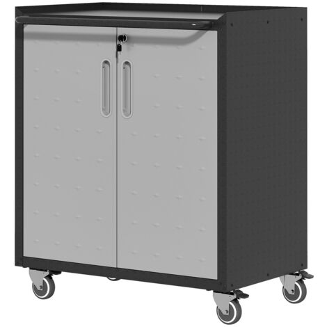 Chariot d'atelier métal 75x42x88 cm avec roulettes, armoire de garage robuste pour rangement outils. Garage, maison, bureau - Noir Gris