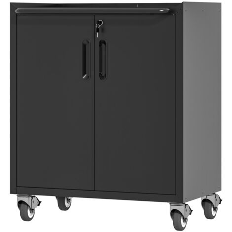 Chariot Rangement Garage 75x42x88 cm en Acier avec Roulettes & Serrure – Armoire Atelier Métallique Autoportante Robuste, Universelle - Noir