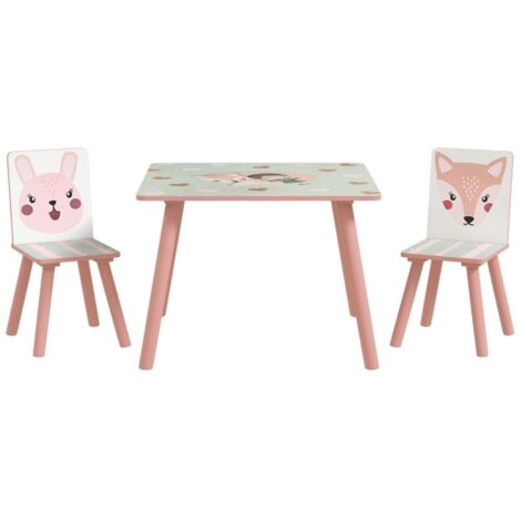 Ensemble table et chaises pour enfants-Table et 2 chaises en pin-Motif animaux-Chambre 3-8 ans-Rose-60x60x44cm et 26,5x26,5x50cm (1/5)