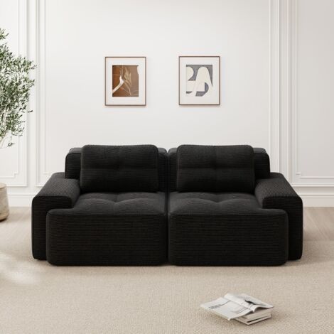 Canapé droit modulaire sans accoudoirs-velours côtelé profond 2 places-lit-noir-204x104x69cm (1/5)