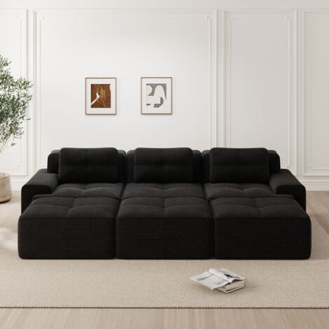Canapé droit convertible modulable-3 places-lit-velours côtelé noir-293x177x69cm (1/5)