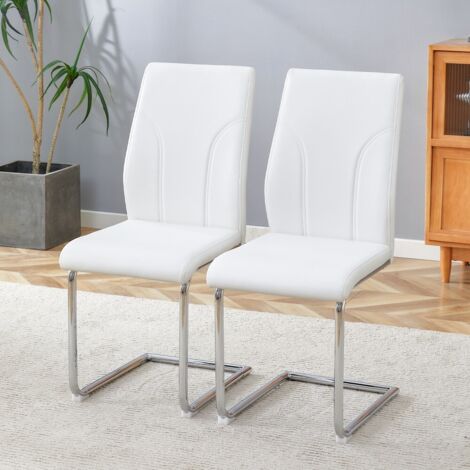 Chaise design blanc PU-pied argenté pour bureau et salle à manger-2 pièces-40x40,6x95cm (1/5)