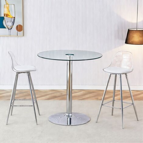 Chaise-table haute bar flexible-Ensemble verre rond-Transparent-polyvalent-2 tabourets argentés-89x89x92cm (1/5)