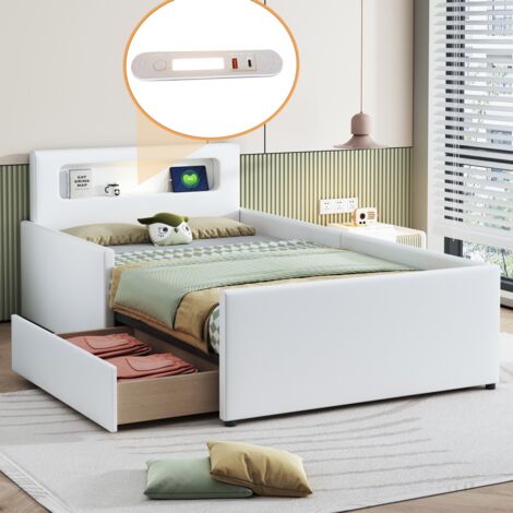 Lit enfant 90x200 cm blanc similicuir avec veilleuse, lit simple, USB, rangements et rebords de sécurité - Garçons et Filles (sans Matelas)