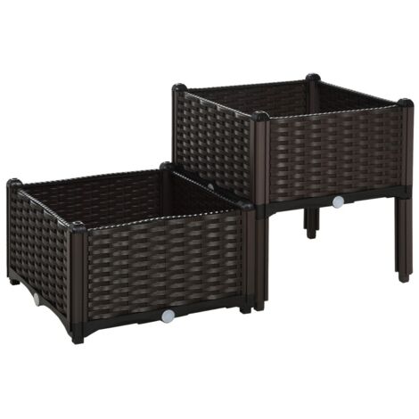 Carré potager surélevé double-aspect-rotin-avec-drainage-PP-résistant-40x40x44cm et 40x40x26cm