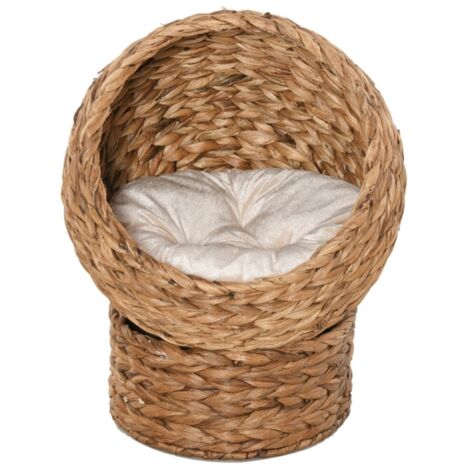 Niche et igloo pour chat-Panier en rotin naturel-Lit avec coussin doux-Grotte confortable-50x42x60cm (1/5)
