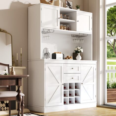 Armoire de cuisine 4 portes 2 tiroirs blanc avec buffet, étagères réglables, casier à vin et enfilade. Multifonction salon/salle à manger 120x40x188cm (1/5)