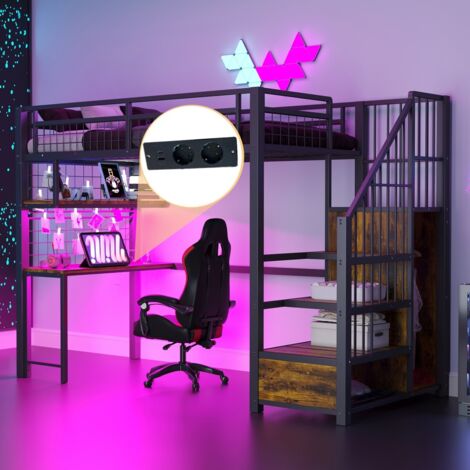 Lit mezzanine métal 90x200 cm noir avec bureau, étagères, armoire et échelle rangement - Équipé de bande lumineuse et prise (sans Matelas) (1/5)