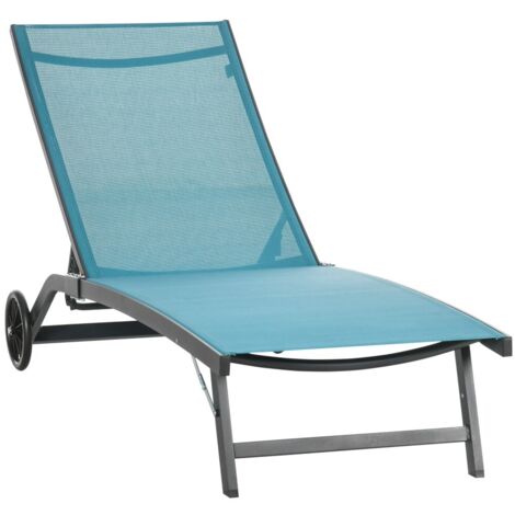 Balancelle de jardin bleue-polyester-aluminium-à dossier réglable-roulettes 165x66x34-65-80-93-102cm (1/5)